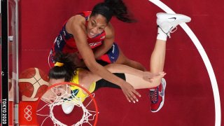 Marianna Tolo of Team Australia drives to the basket against A’Ja Wilson of Team USA during a Women’s Basketball Quarterfinals game.