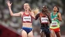 Courtney Frerichs of Team USA celebrates after winning the silver medal in the Women's 3000m Steeplechase Final on day twelve of the Tokyo Olympic Games at Olympic Stadium, Aug. 4, 2021 in Tokyo, Japan.