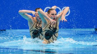 TOKYO, JAPAN – AUGUST 04: Svetlana Kolesnichenko and Svetlana Romashina of Team ROC compete in the Artistic Swimming Duet Free Routine Final on day twelve of the Tokyo 2020 Olympic Games at Tokyo Aquatics Centre on August 04, 2021 in Tokyo, Japan. (Photo by Amin Mohammad Jamali/Getty Images)