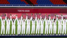 Players of United States attend the award ceremony of the Olympic Women's Football gold medal match between Sweden and Canada at International Stadium Yokohama on Aug. 6, 2021, in Yokohamain, Kanagawa, Japan.