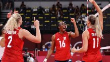 Foluke Akinradewo #16 of Team United States reacts with team mates as they compete against Team Brazil during the Women's Gold Medal Match on day sixteen of the Tokyo 2020 Olympic Games at Ariake Arena on Aug. 8, 2021, in Tokyo, Japan.