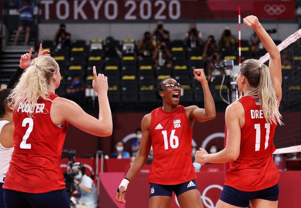 Foluke Akinradewo #16 of Team United States reacts with team mates as they compete against Team Brazil during the Women's Gold Medal Match on day sixteen of the Tokyo 2020 Olympic Games at Ariake Arena on Aug. 8, 2021, in Tokyo, Japan.