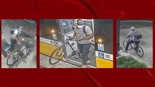 Police are looking for the man seen with his bicycle at a DART station in downtown Dallas. The man is accused of wounding another man in a shooting on July 19.