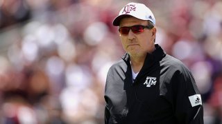 Head coach Jimbo Fisher of the Texas A&M Aggies looks on during the first half of the spring game at Kyle Field on April 24, 2021 in College Station, Texas.