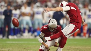 Kicker Matt Prater #5 of the Arizona Cardinals kicks a 48-yard field goal against the Dallas Cowboys during the second half of the NFL preseason game at State Farm Stadium on Aug. 13, 2021 in Glendale, Arizona. The Cardinals defeated the Dallas Cowboys 19-16.