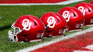 Oklahoma Sooners helmets sit next to the end zone before their spring game at Gaylord Family Oklahoma Memorial Stadium on April 24, 2021 in Norman, Oklahoma.