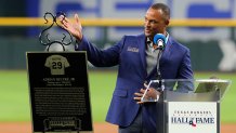 Adrian Beltre inducted into Rangers Hall of Fame with PA man Chuck Morgan