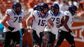 Max Duggan #15 of the TCU Horned Frogs celebrates after rushing for a touchdown in the fourth quarter against the Texas Longhorns at Darrell K Royal-Texas Memorial Stadium on Oct. 3, 2020 in Austin, Texas.