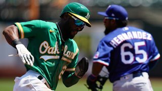 Starling Marte #2 of the Oakland rounds third base to score in the first inning against against the Texas Rangers Athletics at RingCentral Coliseum on Aug. 8, 2021 in Oakland, California.