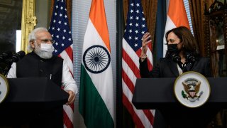 US Vice President Kamala Harris speaks alongside Indian Prime Minister Narendra Modi prior to talks at the Vice Presidents Ceremonial Office in the Eisenhower Executive Office Building next to the White House, in Washington, DC, on September 23, 2021.