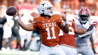 University of Texas Long Horns quarterback Casey Thompson (11) makes a throw during the game against the Louisiana - Lafayette Ragin Cajuns on Sept. 4, 2021, at Darrell K Royal - Texas Memorial Stadium in Austin, Texas.
