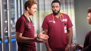 CHICAGO MED -- "Be The Change You Want To See" Episode 703 -- Pictured: (l-r) Nick Gehlfuss as Dr. Will Halstead, Guy Lockard as Dr. Dylan Scott --
