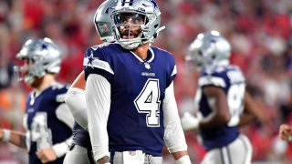Dak Prescott #4 of the Dallas Cowboys looks on during the fourth quarter against the Tampa Bay Buccaneers at Raymond James Stadium on Sept. 9, 2021 in Tampa, Florida.