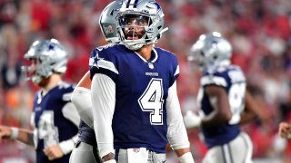 Dak Prescott #4 of the Dallas Cowboys looks on during the fourth quarter against the Tampa Bay Buccaneers at Raymond James Stadium on Sept. 9, 2021 in Tampa, Florida.