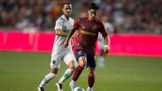 FILE: Jonathan Menendez #10 of Real Salt Lake pushes the ball up field against the Austin FC during their game Aug. 14, 2021 at Rio Tinto Stadium in Sandy, Utah.