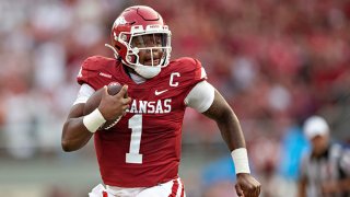 KJ Jefferson #1 of the Arkansas Razorbacks runs the ball in the first half of a game against the Texas Longhorns at Donald W. Reynolds Razorback Stadium on Sept. 11, 2021 in Fayetteville, Arkansas.