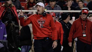 Texas Tech Red Raiders Head Coach Matt Wells calls out to an official during the college football game between the Texas Tech Red Raiders and the Kansas State University Wildcats on Nov. 23, 2019, at Jones AT&T Stadium in Lubbock, TX.