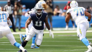 Micah Parsons #11 of the Dallas Cowboys during play against the Los Angeles Chargers at SoFi Stadium on Sept. 19, 2021 in Inglewood, California.