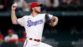 A.J. Alexy #62 of the Texas Rangers pitches against the Los Angeles Angels in the top of the first inning at Globe Life Field on Sept. 28, 2021 in Arlington, Texas.