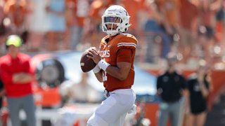 Casey Thompson #11 of the Texas Longhorns looks to pass in the first half against the Texas Tech Red Raiders at Darrell K Royal-Texas Memorial Stadium on Sept. 25, 2021 in Austin, Texas.