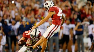Kicker Gabe Brkic #47 of the Oklahoma Sooners kicks the winning field goal as time expires against the West Virginia Mountaineers in the fourth quarter at Gaylord Family Oklahoma Memorial Stadium on Sept. 25, 2021 in Norman, Oklahoma. Oklahoma won 16-13.