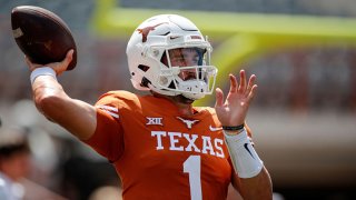 Hudson Card #1 of the Texas Longhorns warms up before the game against the Louisiana Ragin' Cajuns at Darrell K Royal-Texas Memorial Stadium on Sept. 4, 2021 in Austin, Texas.