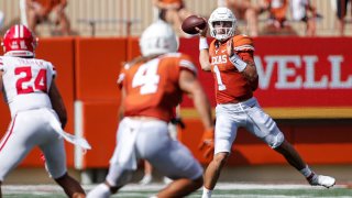 Hudson Card #1 of the Texas Longhorns throws a pass in the first half against the Louisiana Ragin' Cajuns at Darrell K Royal-Texas Memorial Stadium on Sept. 4, 2021 in Austin, Texas.