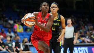 Tiffany Hayes #15 of the Atlanta Dream drives to the basket during the game against the Dallas Wings on Sept. 5, 2021 at College Park Center in Arlington, Texas.