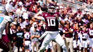 Quarterback Zach Calzada #10 of the Texas A&M Aggies throws the ball during the second quarter of the game between the Texas A&M Aggies and the New Mexico Lobos at Kyle Field on Sept. 18, 2021 in College Station, Texas.