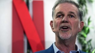 Co-founder and director of Netflix Reed Hastings delivers a speech as he inaugurates the new offices of Netflix France, in Paris on January 17, 2020.
