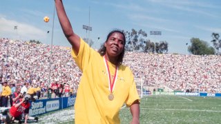 PASADENA, CA – JULY 10: Goal keeper Briana Scurry of USA Women’s National Team celebrates winning the 1999 FIFA Women’s World Cup final played against China on July 10, 1999 at the Rose Bowl in Pasadena, California.