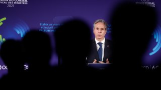 Secretary of State Antony Blinken speaks during a member session at the Organization for Economic Cooperation and Development's Ministerial Council Meeting, Tuesday, Oct. 5, 2021, in Paris.