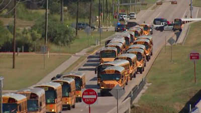 School Buses Arrive at Mansfield's Timberview H.S. for Reunification Process