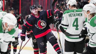 Chris Tierney #71 of the Ottawa Senators celebrates his first of two second period power-play goals against the Dallas Stars at Canadian Tire Centre on Oct. 17, 2021 in Ottawa, Ontario, Canada.