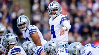 Dak Prescott #4 of the Dallas Cowboys stands under center in the first half against the New England Patriots at Gillette Stadium on Oct. 17, 2021 in Foxborough, Massachusetts.