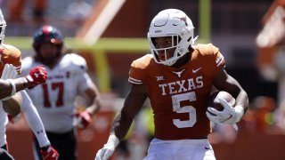 University of Texas Long Horns running back Bijan Robinson (5) runs the ball during the game against the Texas Tech Red Raiders on September 25, 2021, at Darrell K Royal - Texas Memorial Stadium in Austin, TX.