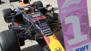 Red Bull's Dutch driver Max Verstappen arrives in Parc Ferme after winning the Formula One United States Grand Prix at the Circuit of The Americas in Austin, Texas, on October 24, 2021.