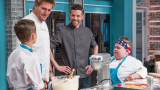 Pictured: (l-r) Head Judge Curtis Stone, Guest Chef Joshua John Russell, Fuller Goldsmith