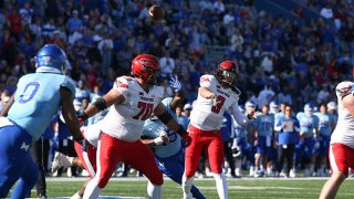 Texas Tech Red Raiders quarterback Henry Colombi (3)***Texas Tech Red Raiders defensive back Kobee Minor (3) throws from the pocket in the second quarter of a Big 12 football game between the Texas Tech Red Raiders and Kansas Jayhawks on Oct. 16, 2021 at Memorial Stadium in Lawrence, Kansas.