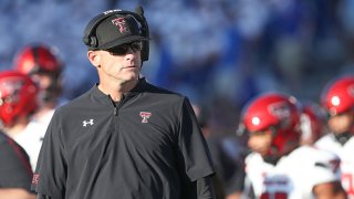Texas Tech Red Raiders head coach Matt Wells in the third quarter of a Big 12 football game between the Texas Tech Red Raiders and Kansas Jayhawks on Oct. 16, 2021 at Memorial Stadium in Lawrence, Kansas