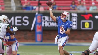 Southern Methodist Mustangs quarterback Tanner Mordecai (8) passes during the game between SMU and USF on Oct. 2, 2021 at Gerald J. Ford Stadium in Dallas, Texas.