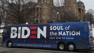 FILE: The campaign bus for Democratic presidential candidate former Vice President Joe Biden is seen parked in front of the Iowa State Capitol on Feb. 3, 2020 in Des Moines, Iowa. Iowa holds its first in the nation caucuses this evening.