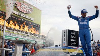 Kyle Larson, driver of the #5 HendrickCars.com Chevrolet, celebrates in victory lane after winning the NASCAR Cup Series Autotrader EchoPark Automotive 500 at Texas Motor Speedway on Oct. 17, 2021 in Fort Worth, Texas.