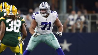 La'el Collins #71 of the Dallas Cowboys at AT&T Stadium on Oct. 6, 2019 in Arlington, Texas.