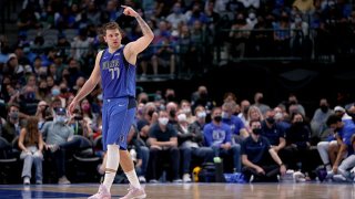 Luka Doncic #77 of the Dallas Mavericks reacts against the Sacramento Kings in the second half at American Airlines Center on Oct. 31, 2021 in Dallas, Texas.
