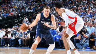 Luka Doncic #77 of the Dallas Mavericks handles the ball against the Houston Rockets on Oct. 26, 2021 at the American Airlines Center in Dallas, Texas.