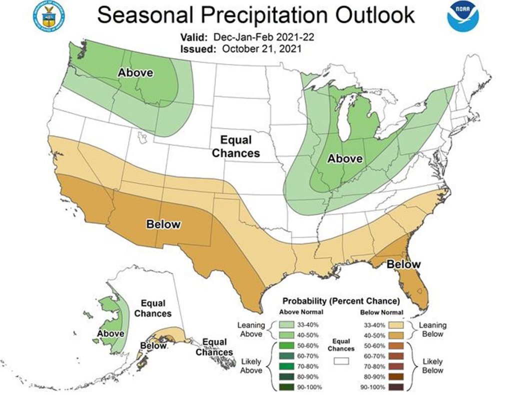 Drier-than-average conditions are favored in south-central Alaska, southern California, the Southwest, and the Southeast.