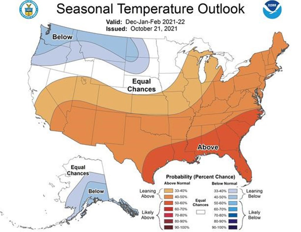 This U.S. Winter Outlook 2021-2022 map for temperature shows warmer-than-average conditions across the South and most of the eastern U.S.