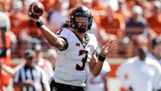 Spencer Sanders #3 of the Oklahoma State Cowboys throws a pass in the second quarter against the Texas Longhorns at Darrell K Royal-Texas Memorial Stadium on Oct. 16, 2021 in Austin, Texas.