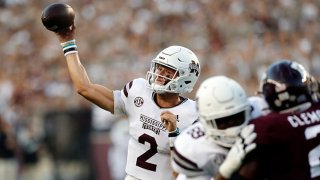 Mississippi State Bulldogs quarterback Will Rogers (2) makes a throw during the game against the Texas A & M Aggies on Oct. 2, 2021, at Kyle Field in College Station, Texas.